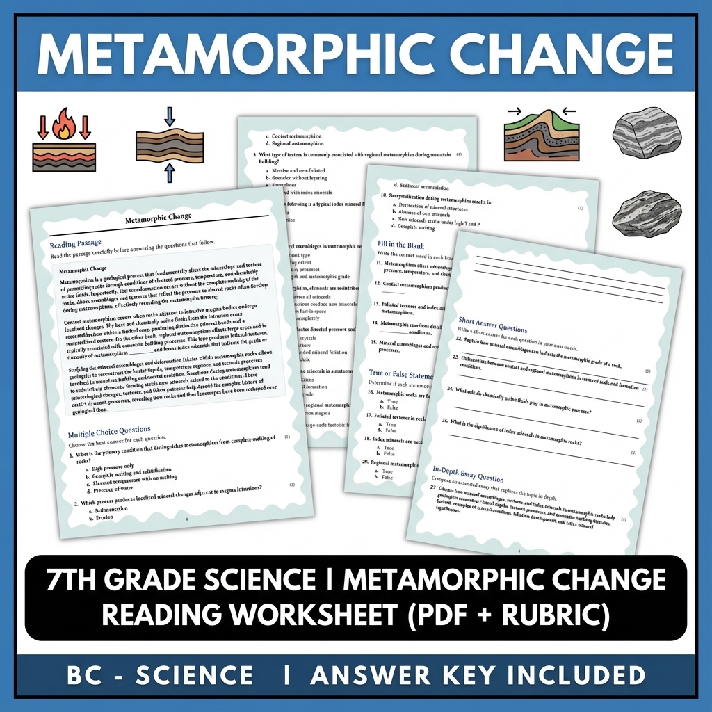 7th Grade Science | Metamorphic Change Reading Worksheet (PDF + Rubric)