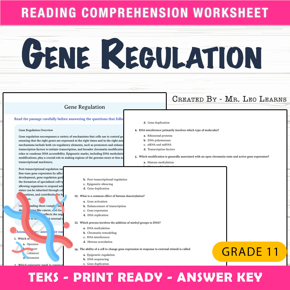 Grade 11 Science worksheet worksheet — Grade 11 Science – Gene Regulation Worksheet for Mastery — page 1