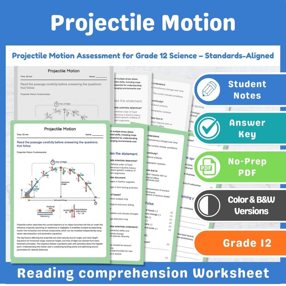 Grade 12 Science assessment worksheet — Projectile Motion Assessment for Grade 12 Science – Standards-Aligned — page 1