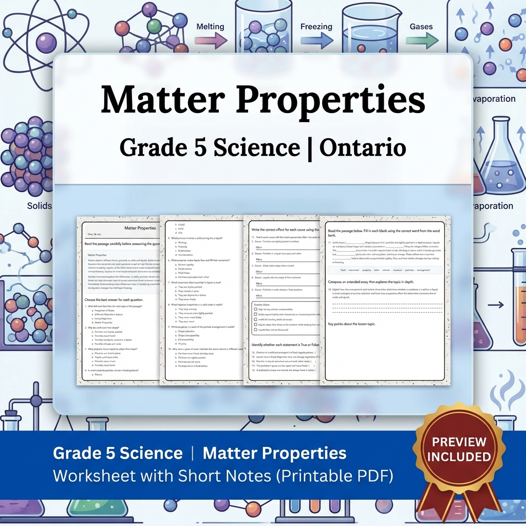 Grade 5 Science | Matter Properties Worksheet with Short Notes (Printable PDF)