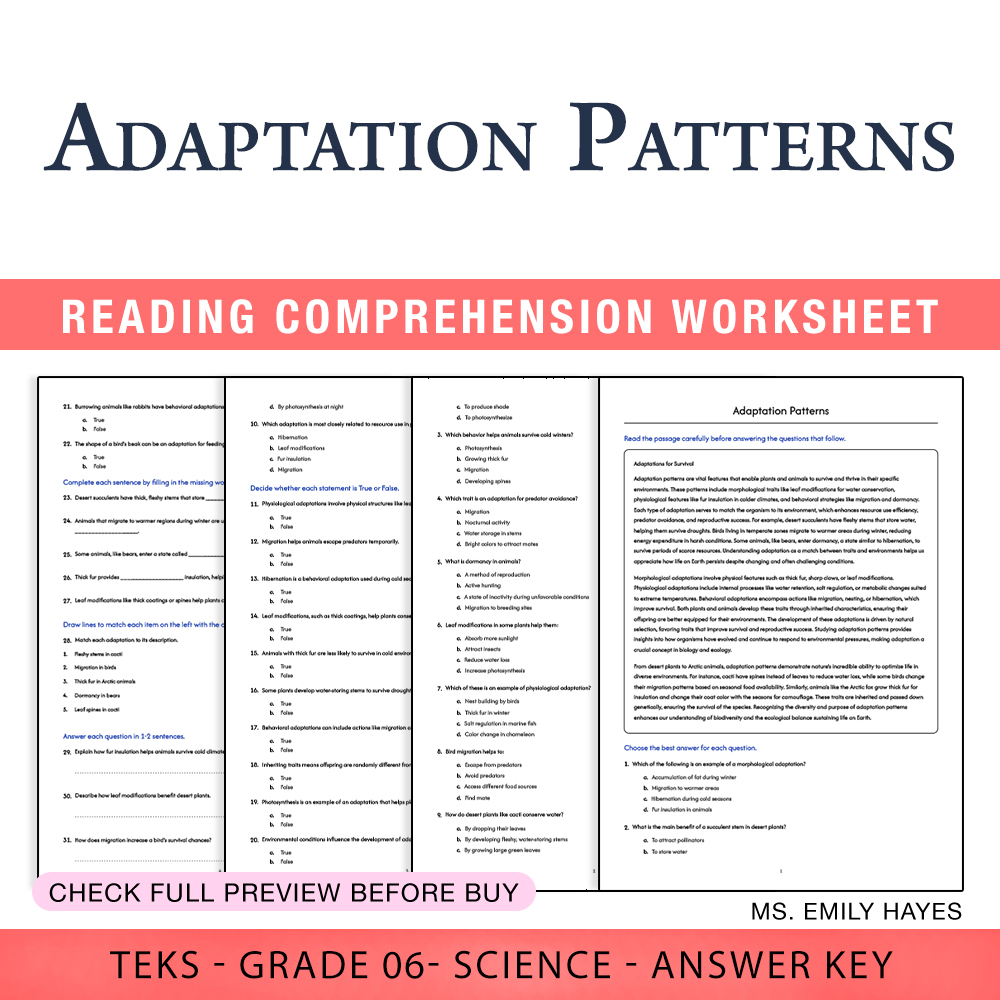Grade 6 Science worksheet worksheet — 6th Grade Science | Adaptation Patterns Worksheet (PDF+ Answer Key) — page 1