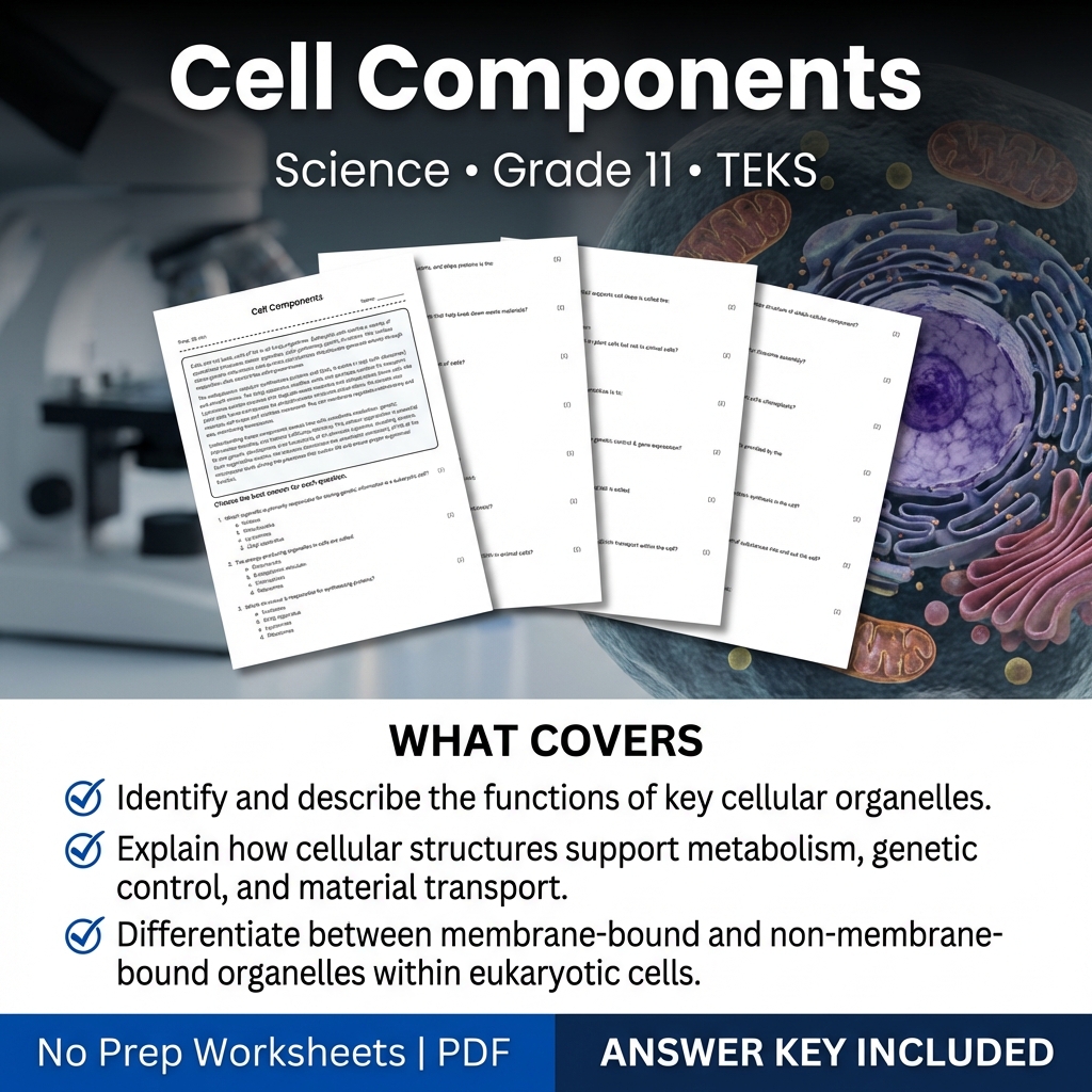 Cell Components Worksheet for Grade 11 Science | TEKS-Aligned Practice