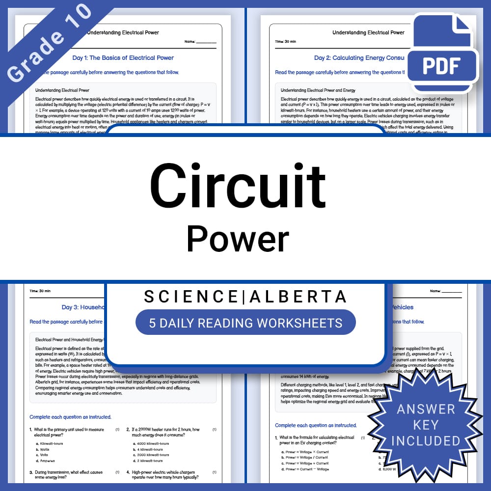 Grade 10 Science Lesson Group | Energy and Electricity Alberta Framework — included worksheet 12