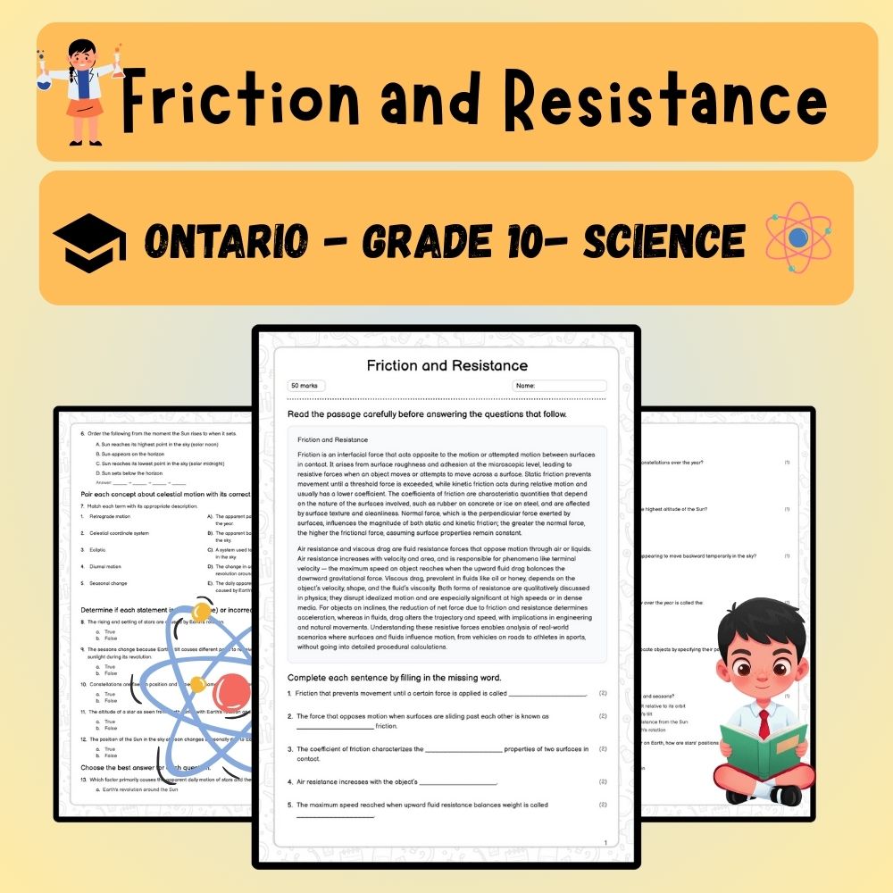 Grade 10 Science worksheet worksheet — Grade 10 Science | Friction and Resistance Worksheet (Answer Key) Ontario Standard…
