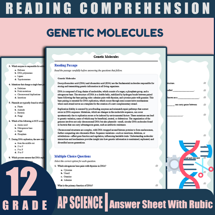 Grade 12 Science reading worksheets worksheet — Grade 12 Science | Genetic Molecules Reading Worksheet (PDF + Answer Key)…