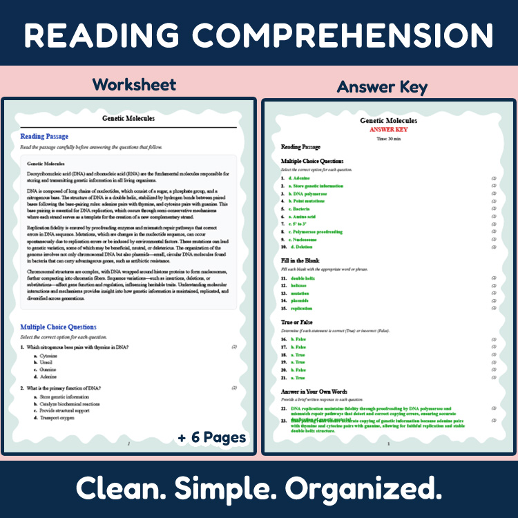 Grade 12 Science reading worksheets worksheet — Grade 12 Science | Genetic Molecules Reading Worksheet (PDF + Answer Key)…