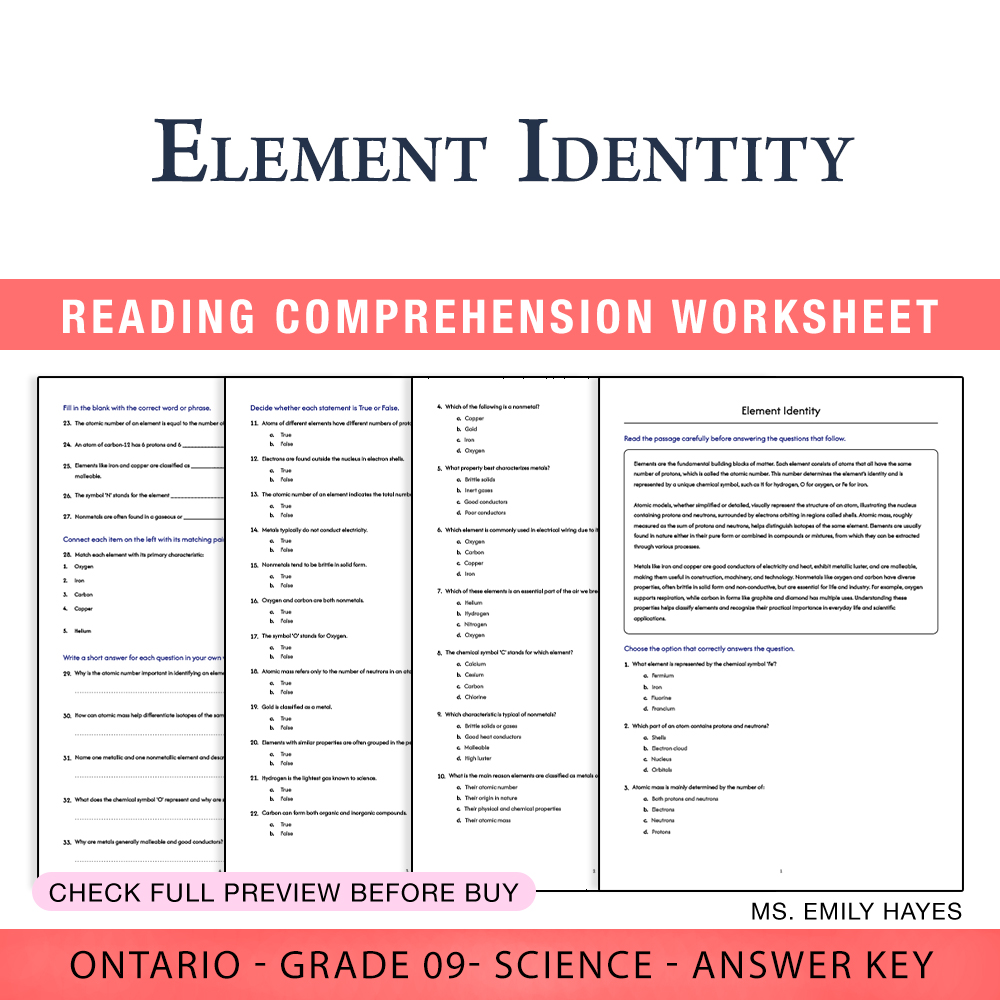 Grade 9 Science worksheet worksheet — Grade 9 Science | Element Identity Worksheet (PDF + Answer Key) — page 1