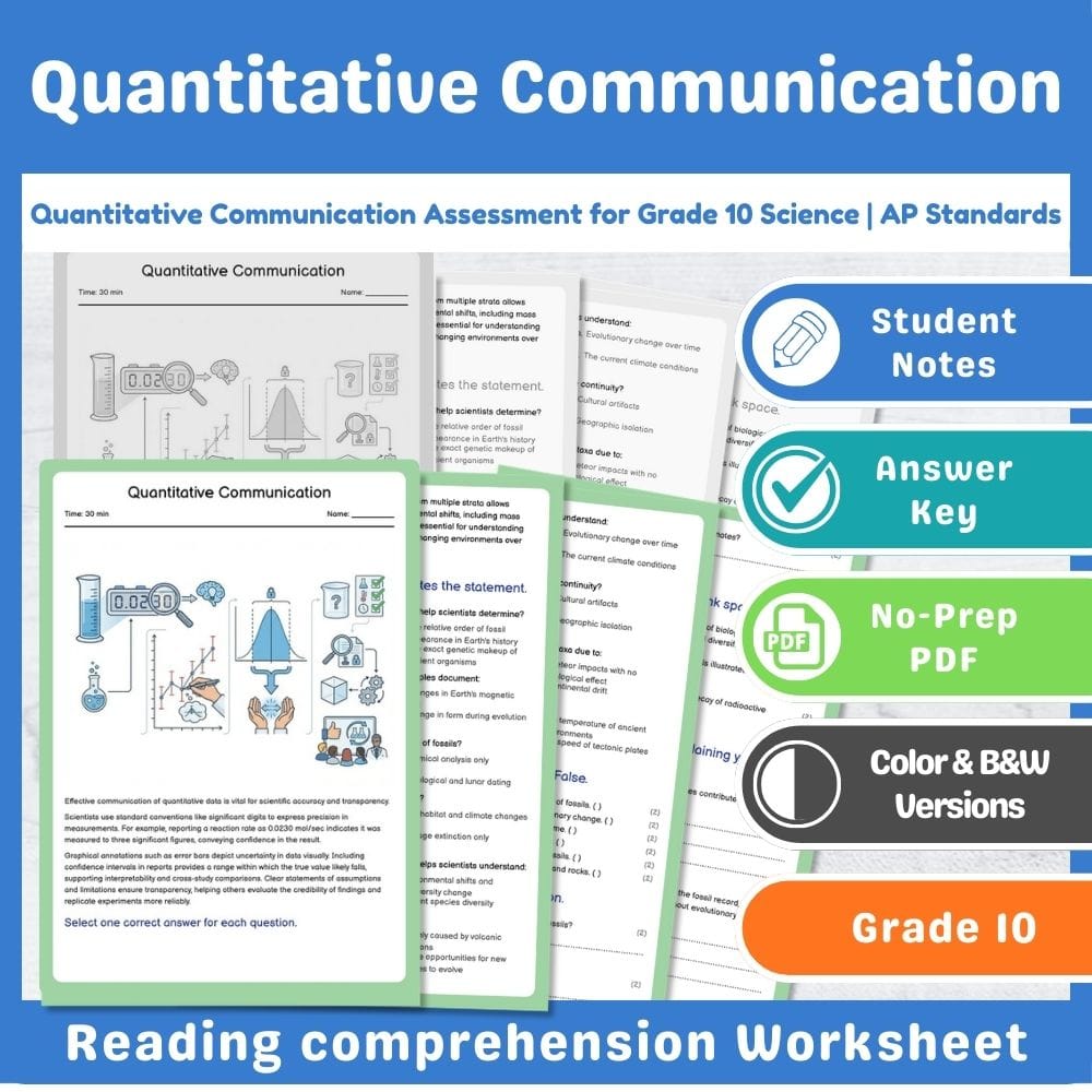Grade 10 Science assessment worksheet — Quantitative Communication Assessment for Grade 10 Science | AP Standards — page 1