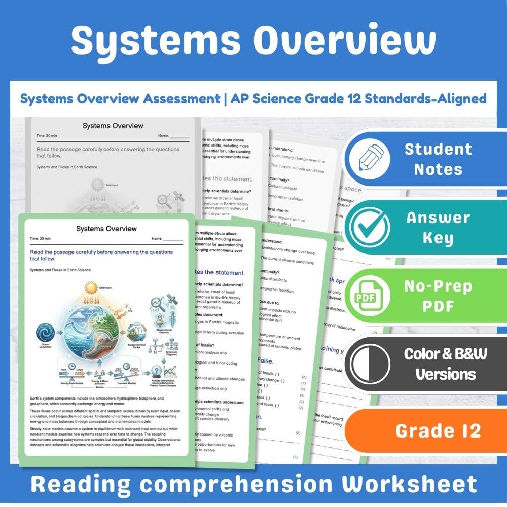 Grade 12 Science assessment worksheet — Systems Overview Assessment | AP Science Grade 12 Standards-Aligned — page 1