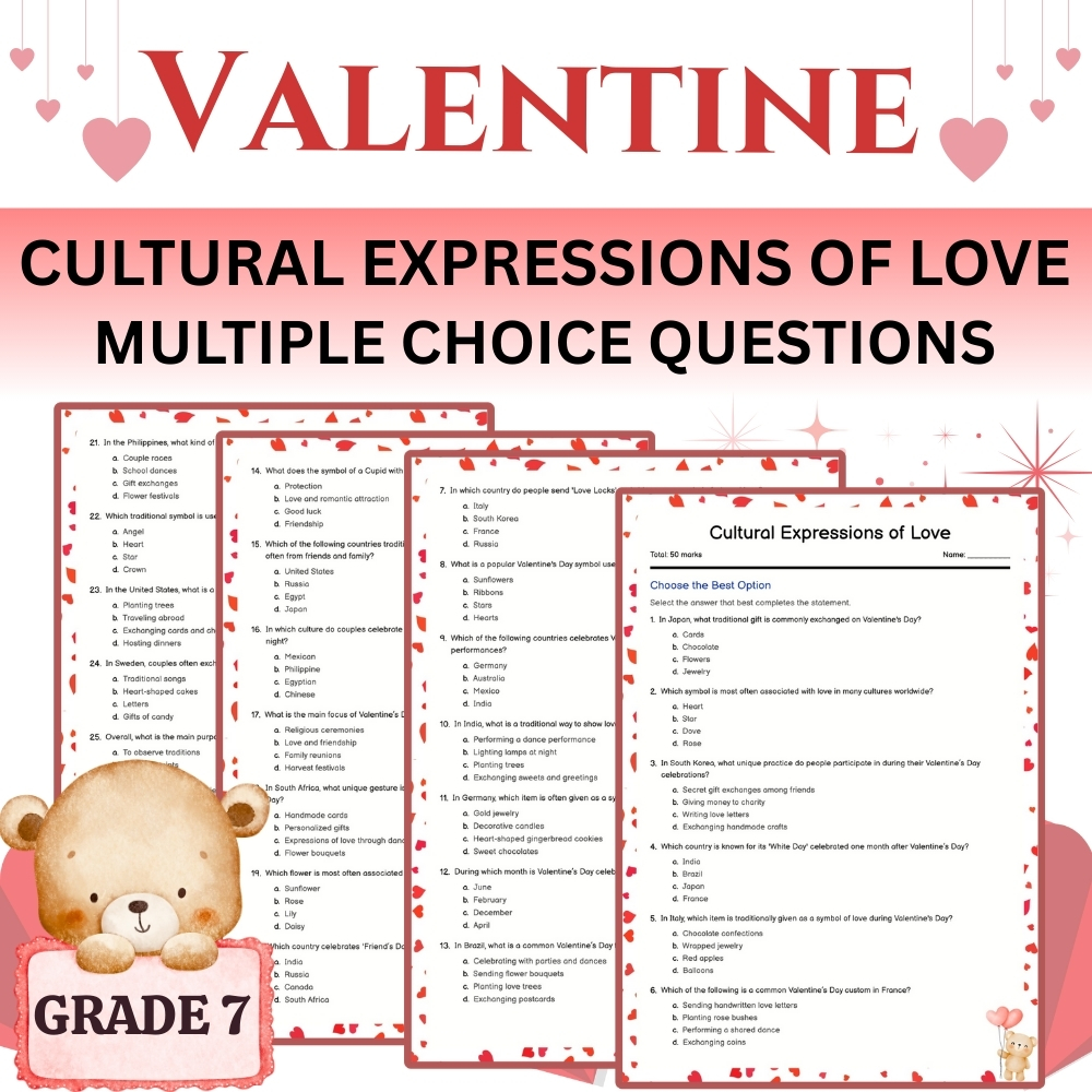 Grade 7 Seasonal Cultural Expressions of Love | Valentine MCQ Worksheet (Answer Key)
