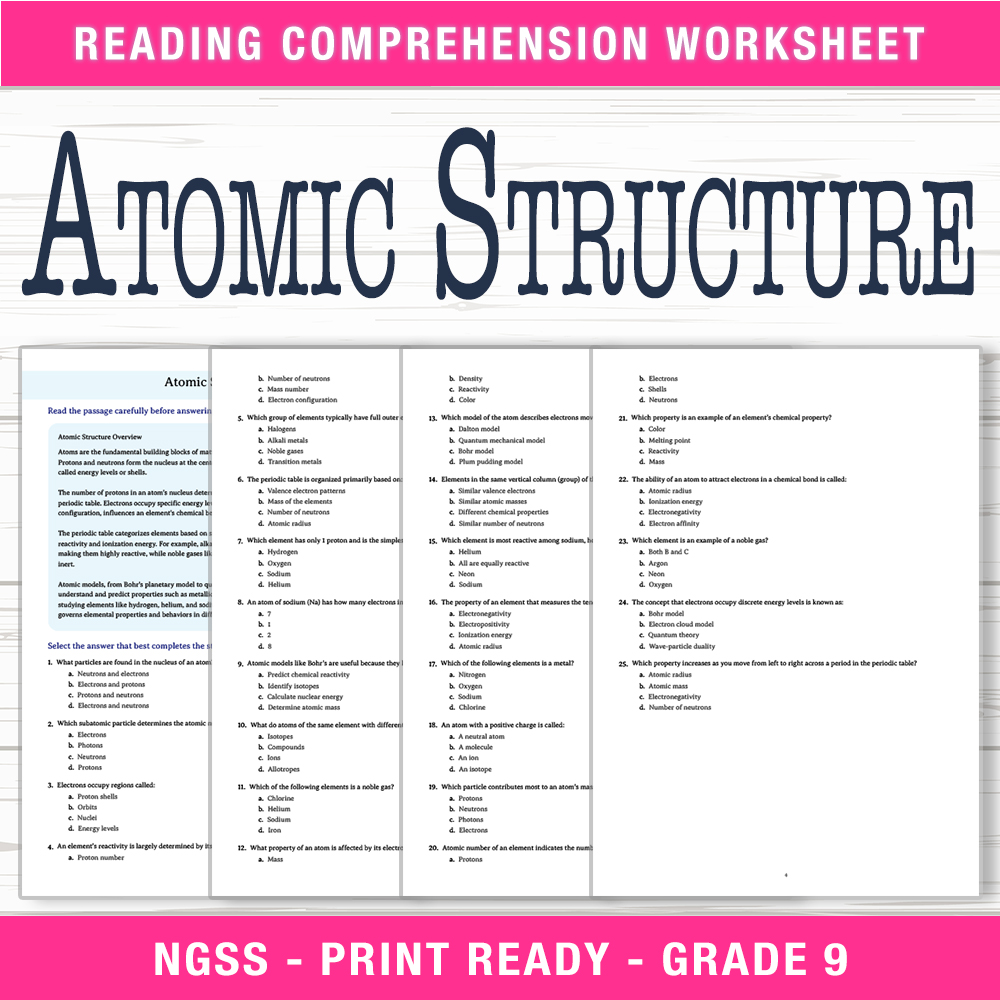 Grade 9 Science worksheet worksheet — Grade 9 Science | Atomic Structure Worksheet (PDF + Answer Key) — page 1