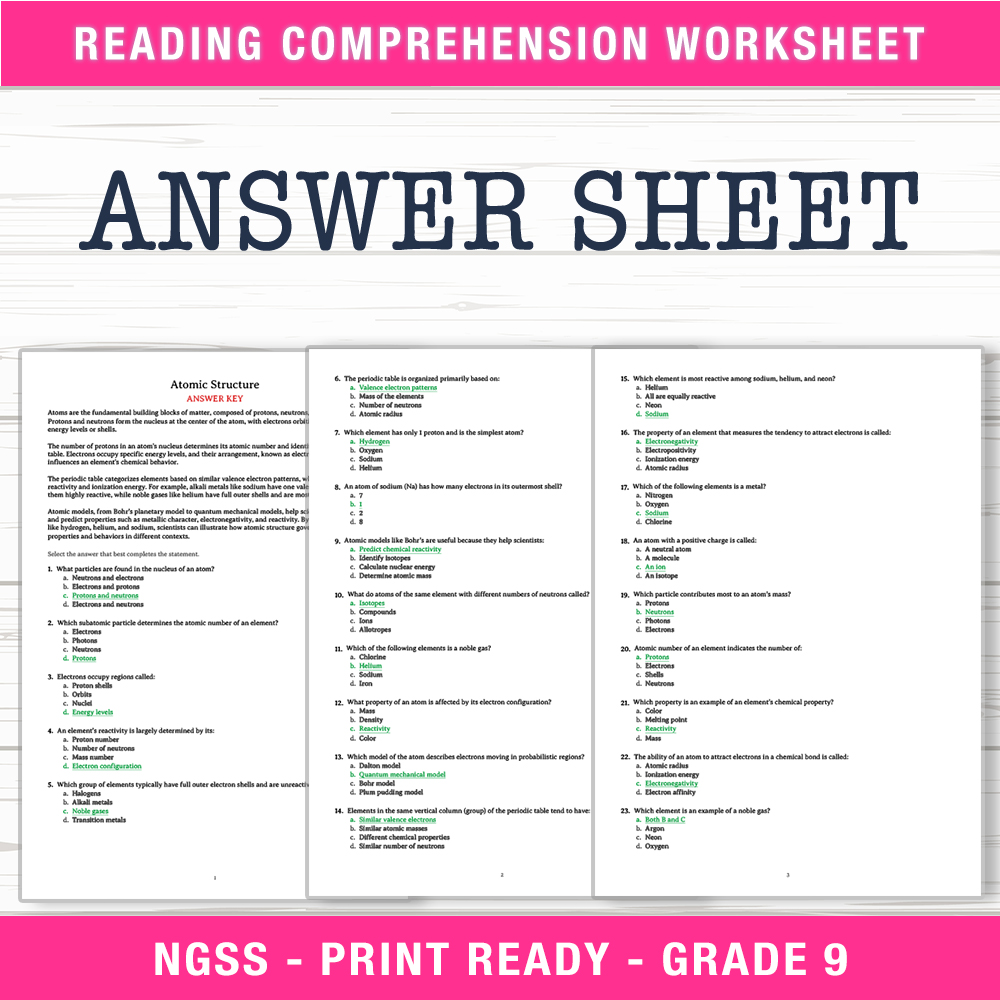Grade 9 Science worksheet worksheet — Grade 9 Science | Atomic Structure Worksheet (PDF + Answer Key) — page 2