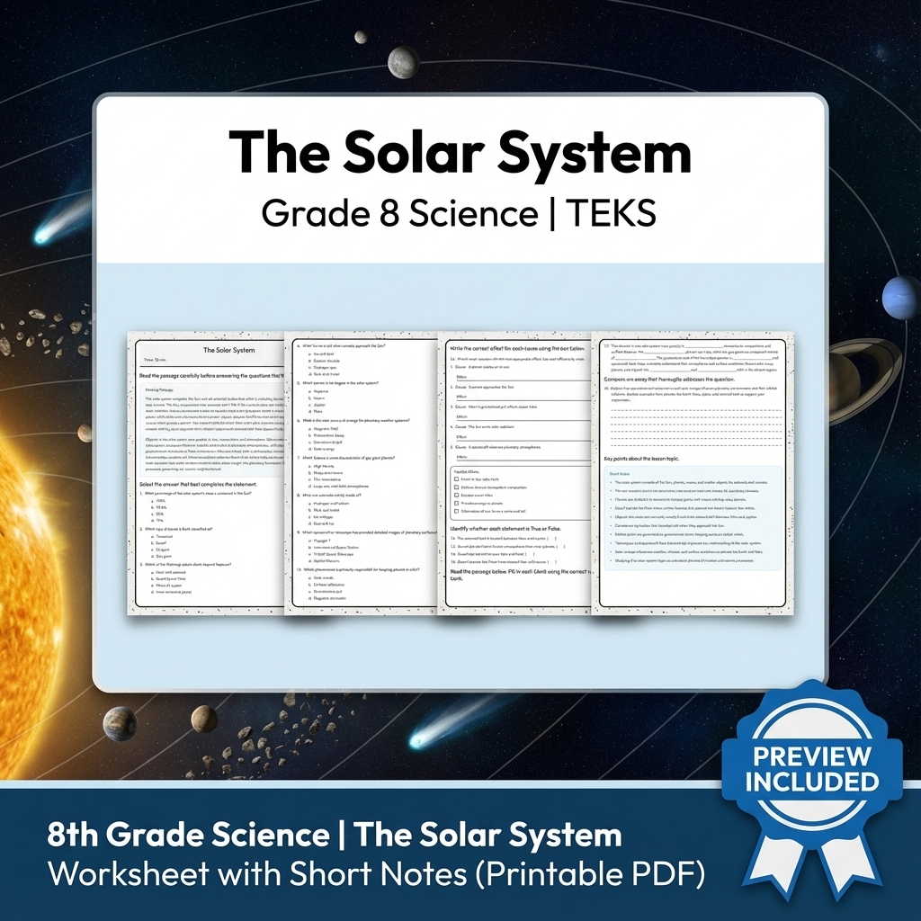 8th Grade Science | The Solar System Worksheet with Short Notes (Printable PDF)