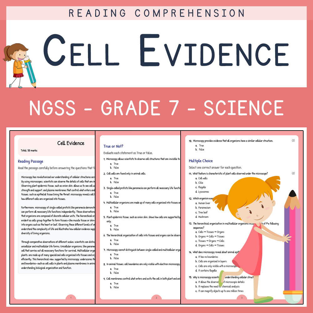 Grade 7 Science worksheet worksheet — Grade 7 Science | Cell Evidence Worksheet & Answer Key NGSS Aligned (PDF) — page 1