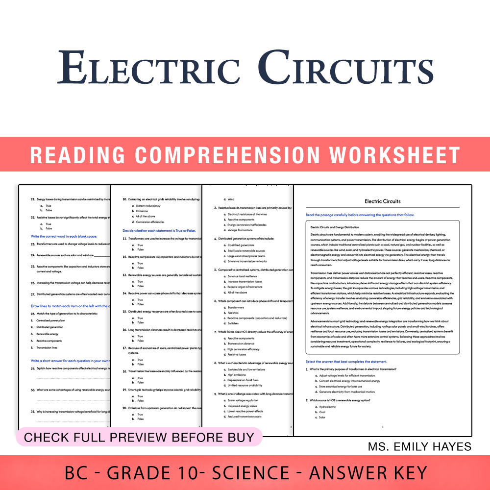 Grade 10 Science worksheet worksheet — Grade 10 Science | Electric Circuits Worksheet (PDF + Answer Key) — page 1