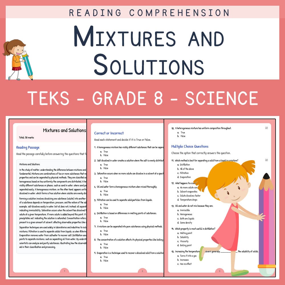 Grade 8 Science worksheet elena worksheet — Grade 8 Science | Mixtures and Solutions Worksheet | TEKS Aligned — page 1