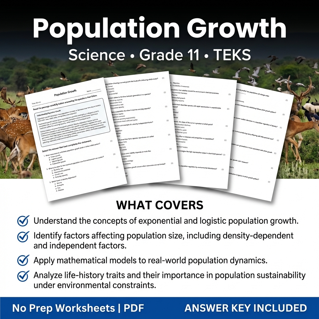 Population Growth Worksheet for Grade 11 Science | TEKS Aligned Practice