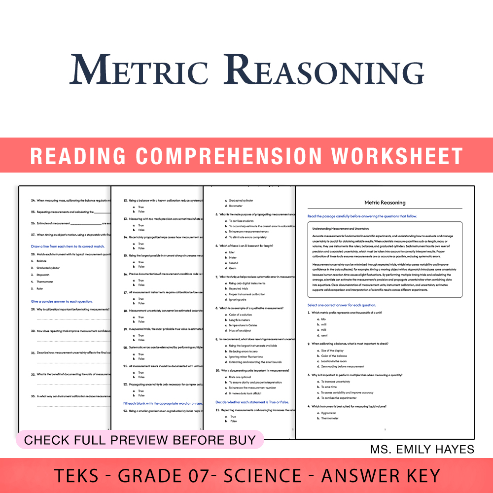 Grade 7 Science worksheet worksheet — 7th Grade Science | Metric Reasoning Worksheet (PDF+ Answer Key) — page 1