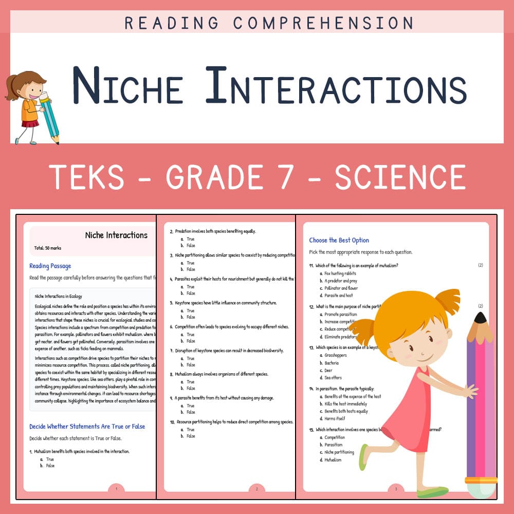 Grade 7 Science worksheet elena worksheet — Grade 7 Science | Niche Interactions Worksheet Elena | TEKS-Aligned — page 1