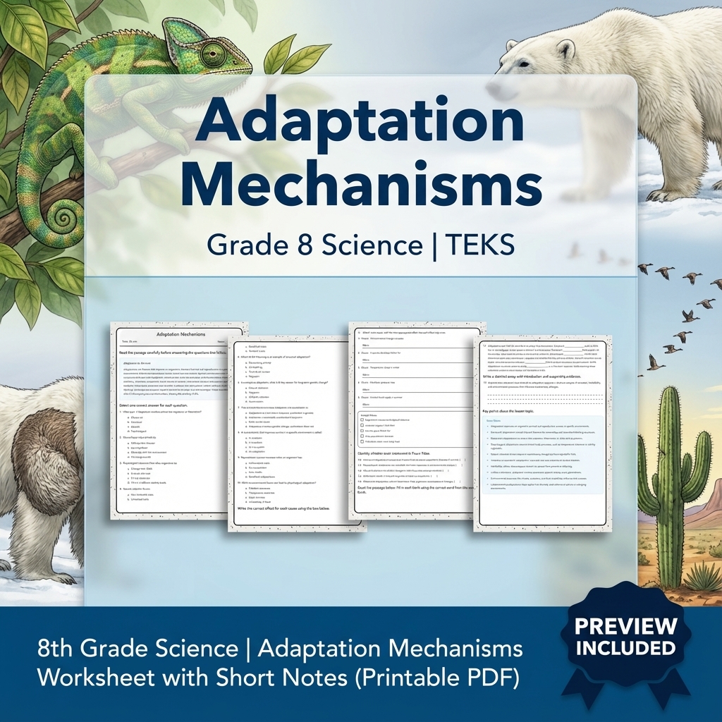 8th Grade Science | Adaptation Mechanisms Worksheet with Short Notes ( PDF)