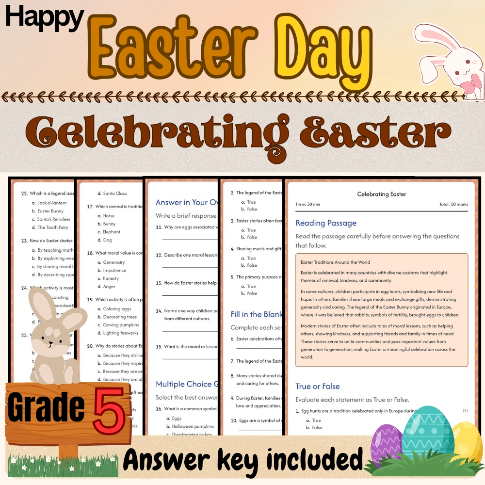 Grade 5 Seasonal Bundle | Easter Symbols & Traditions Worksheets(PDF+Answer Key) — included worksheet 3
