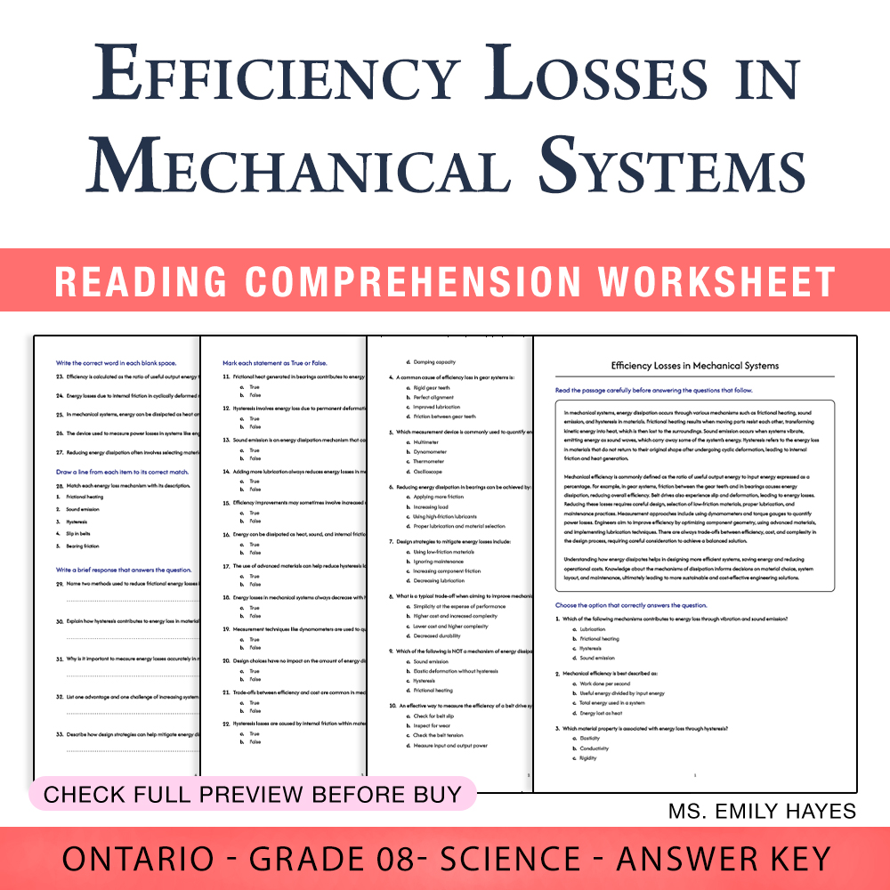 Grade 8 Science worksheet worksheet — 8th Grade Science | Efficiency Losses in Mechanical Systems (PDF+ Answer Key) — page 1