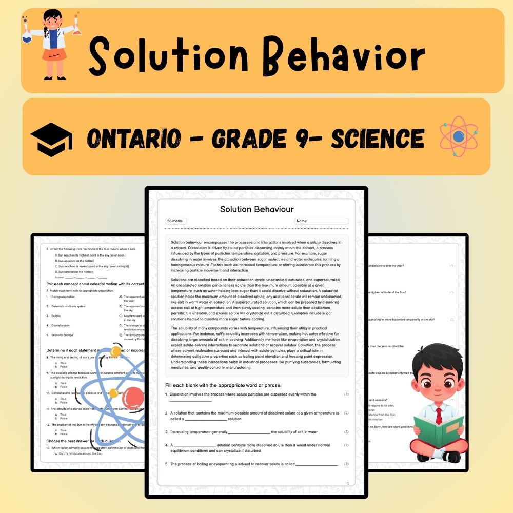 Grade 9 Science worksheet worksheet — Grade 9 Science | Solution Behavior Worksheet (PDF) – Ontario Standard Practice — pa…
