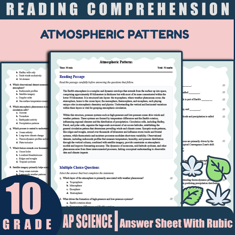 Grade 10 Science reading worksheets worksheet — Grade 10 Science | Atmospheric Patterns Reading Worksheet (PDF + Rubric) —…
