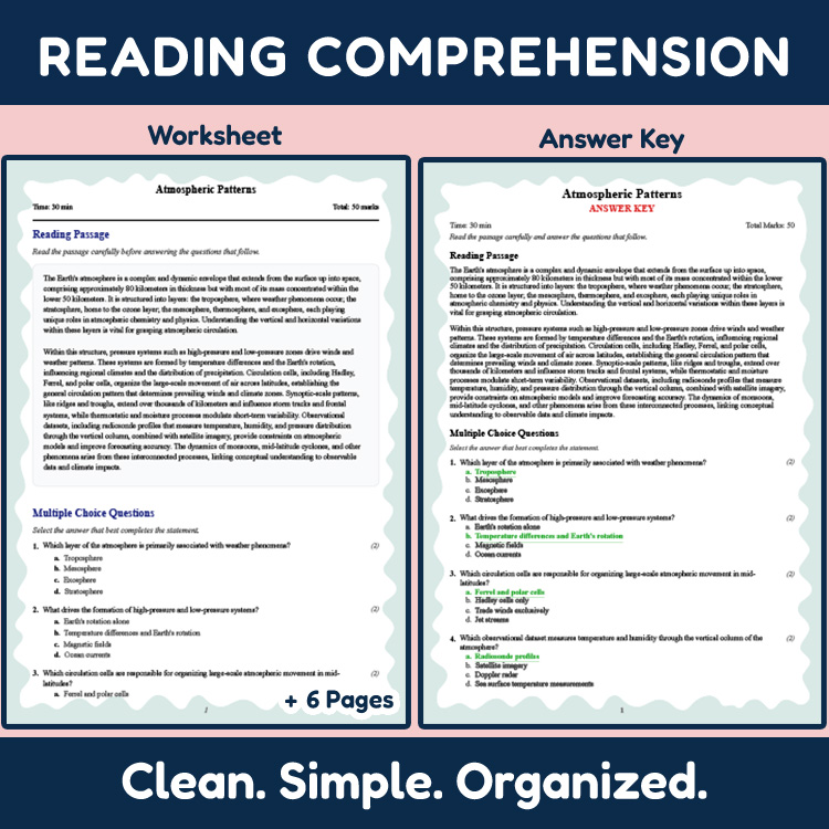 Grade 10 Science reading worksheets worksheet — Grade 10 Science | Atmospheric Patterns Reading Worksheet (PDF + Rubric) —…