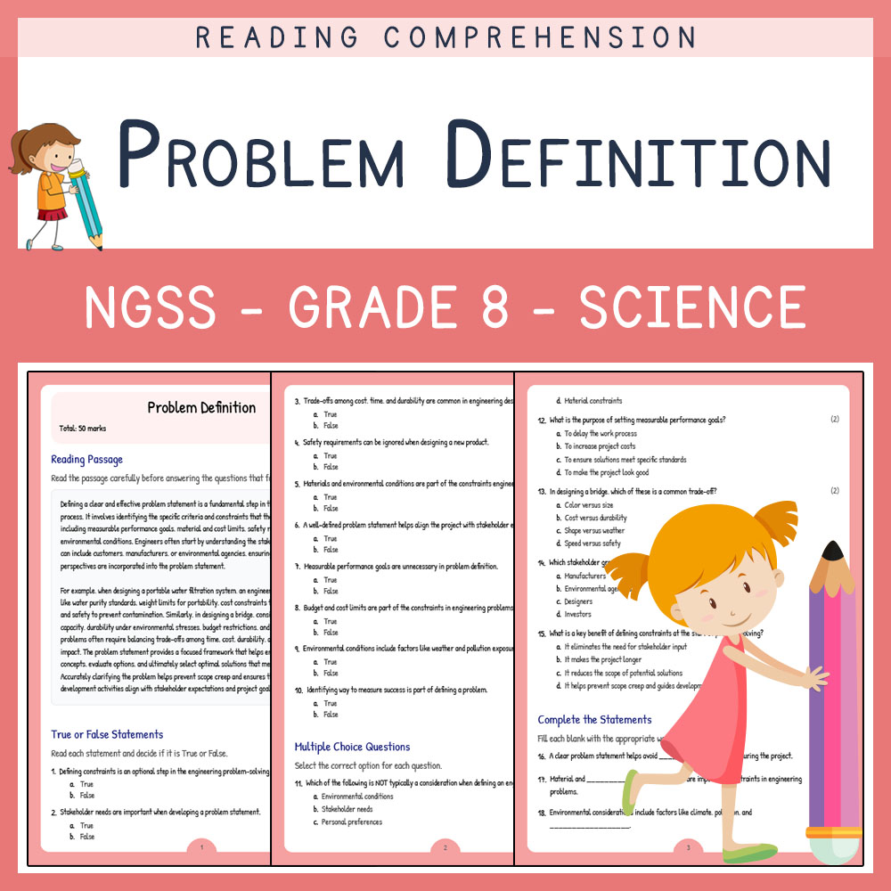 Grade 8 Science worksheet worksheet — Grade 8 Science | Problem Definition Worksheet & Answer Key (NGSS Aligned) — page 1