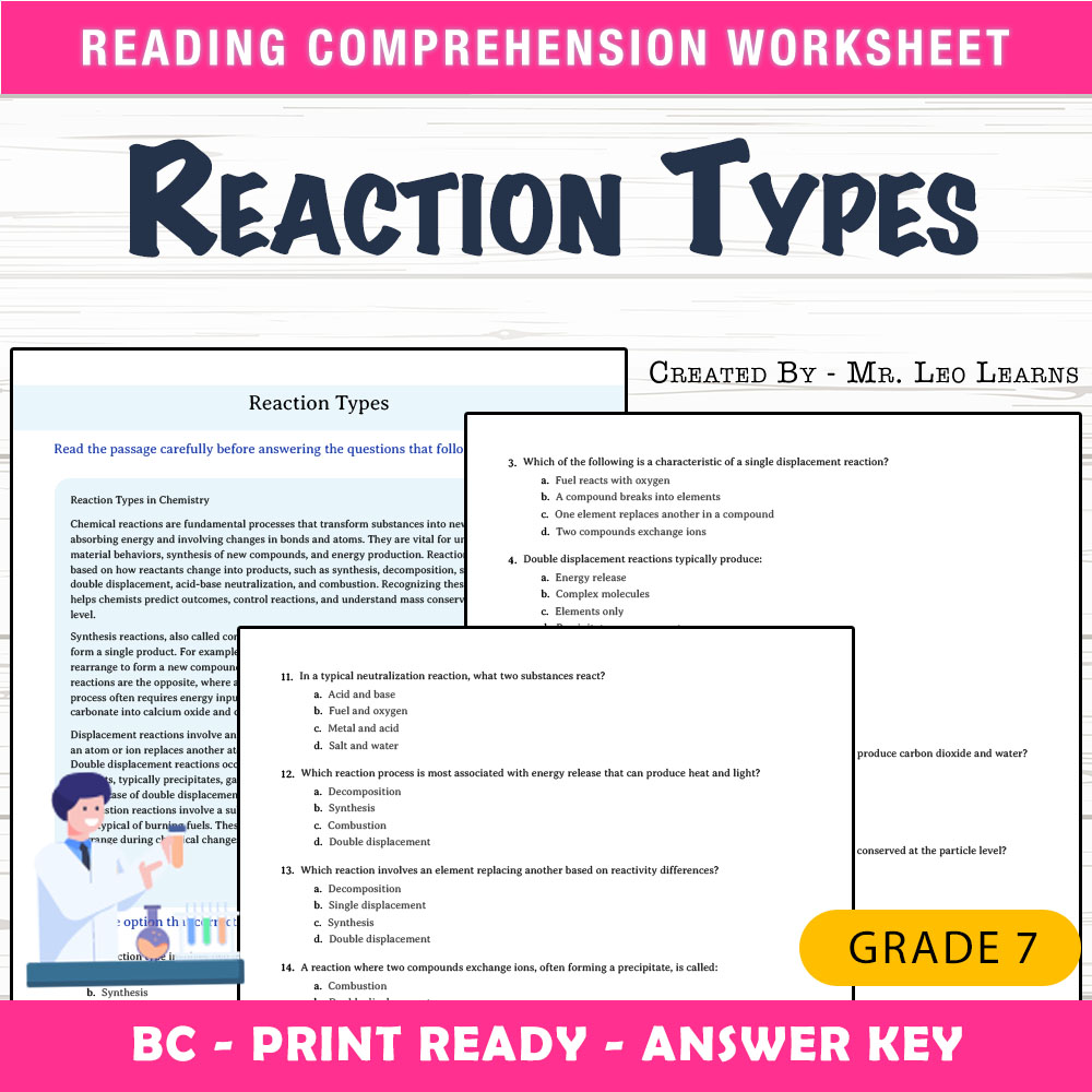 Grade 7 Science worksheet mcq paper worksheet — Grade 7 Science — Reaction Types Worksheet MCQ Paper for Mastery — page 1