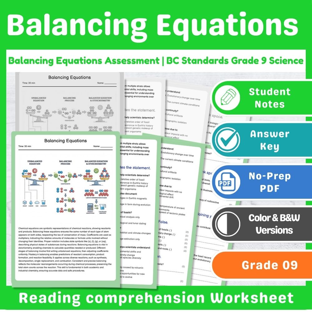 Grade 9 Science Mini Bundle | Chemical Reactions Assessment – BC Standards — included worksheet 9