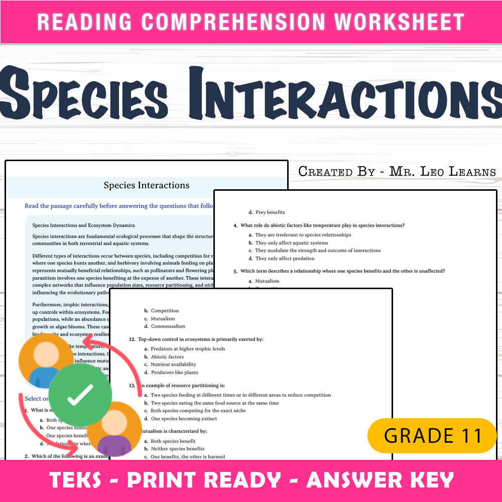 Grade 11 Science worksheet worksheet — Grade 11 Science | Species Interactions Worksheet for Mastery — page 1