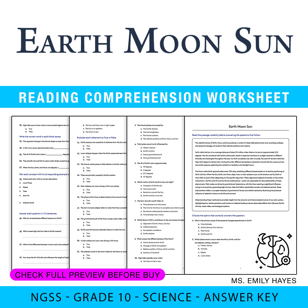 Grade 10 Science — worksheet — 10th Grade Science | Earth Moon Sun Phenomena Worksheet (PDF+ Answer Key) — page 1