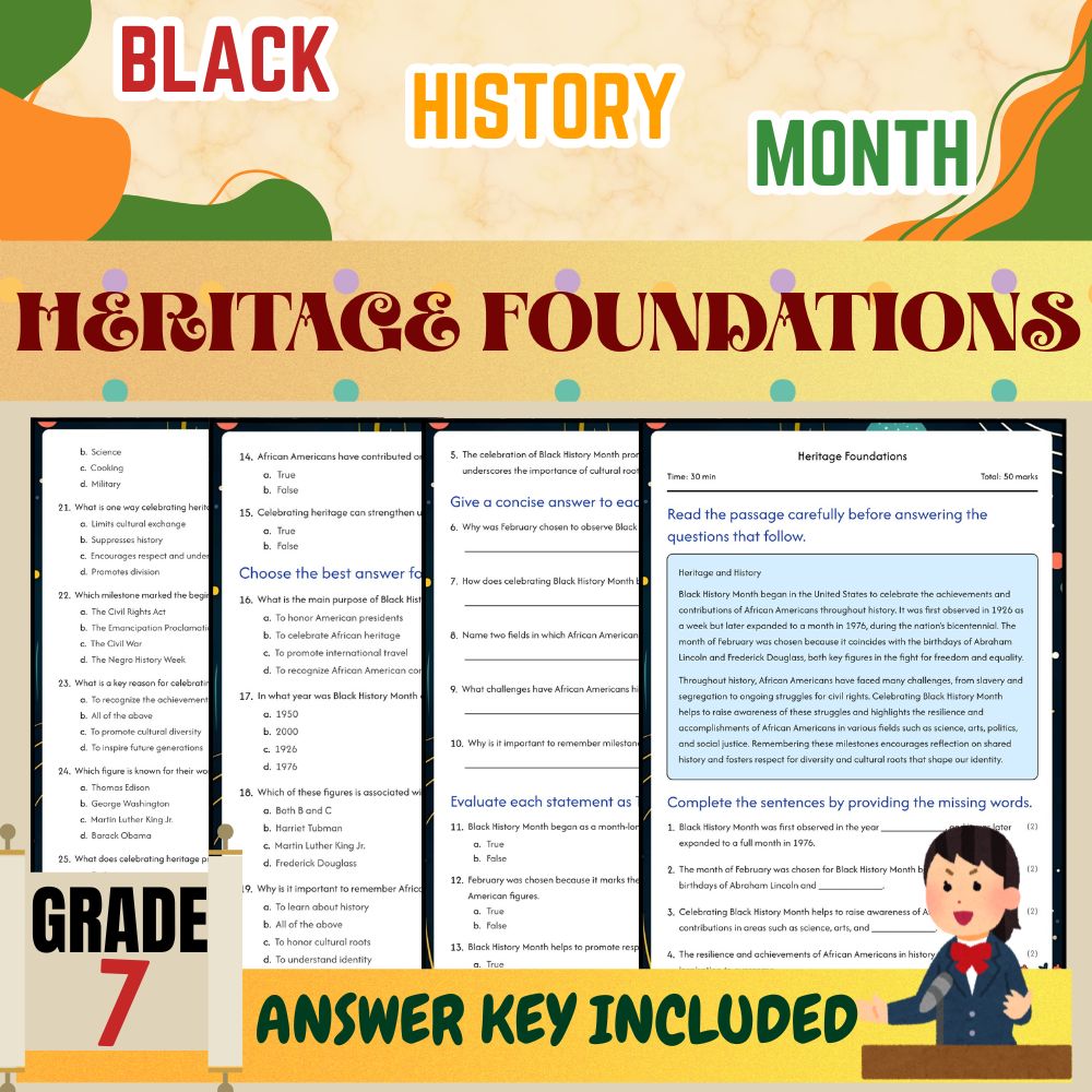 Grade 7 seasonal | Heritage Foundations Black Friday Worksheet|PDF + Answer Key