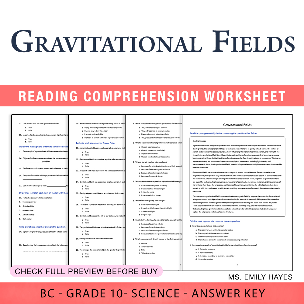 Grade 10 Science worksheet worksheet — 10th Grade Science | Gravitational Fields Worksheet (PDF+ Answer Key) — page 1