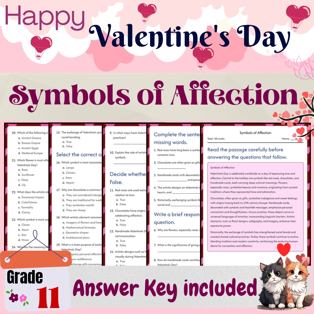 Grade 11 Seasonal Bundle Valentine’s Day Symbols & Love Origins (PDF+Answer Key) — included worksheet 3