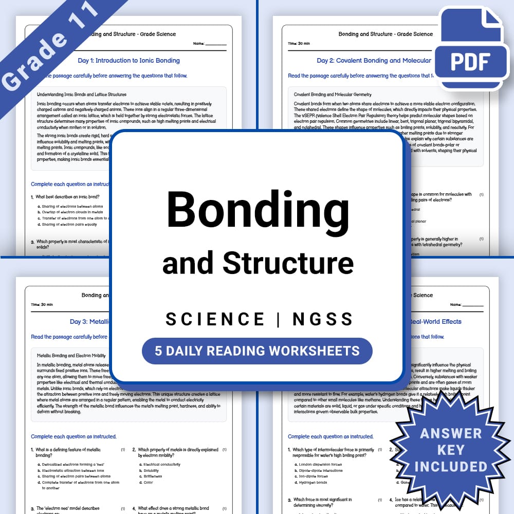 Grade 11 Science daily reading worksheet worksheet — Grade 11 Science – Bonding and Structure Worksheet(PDF +Answer Key) —…
