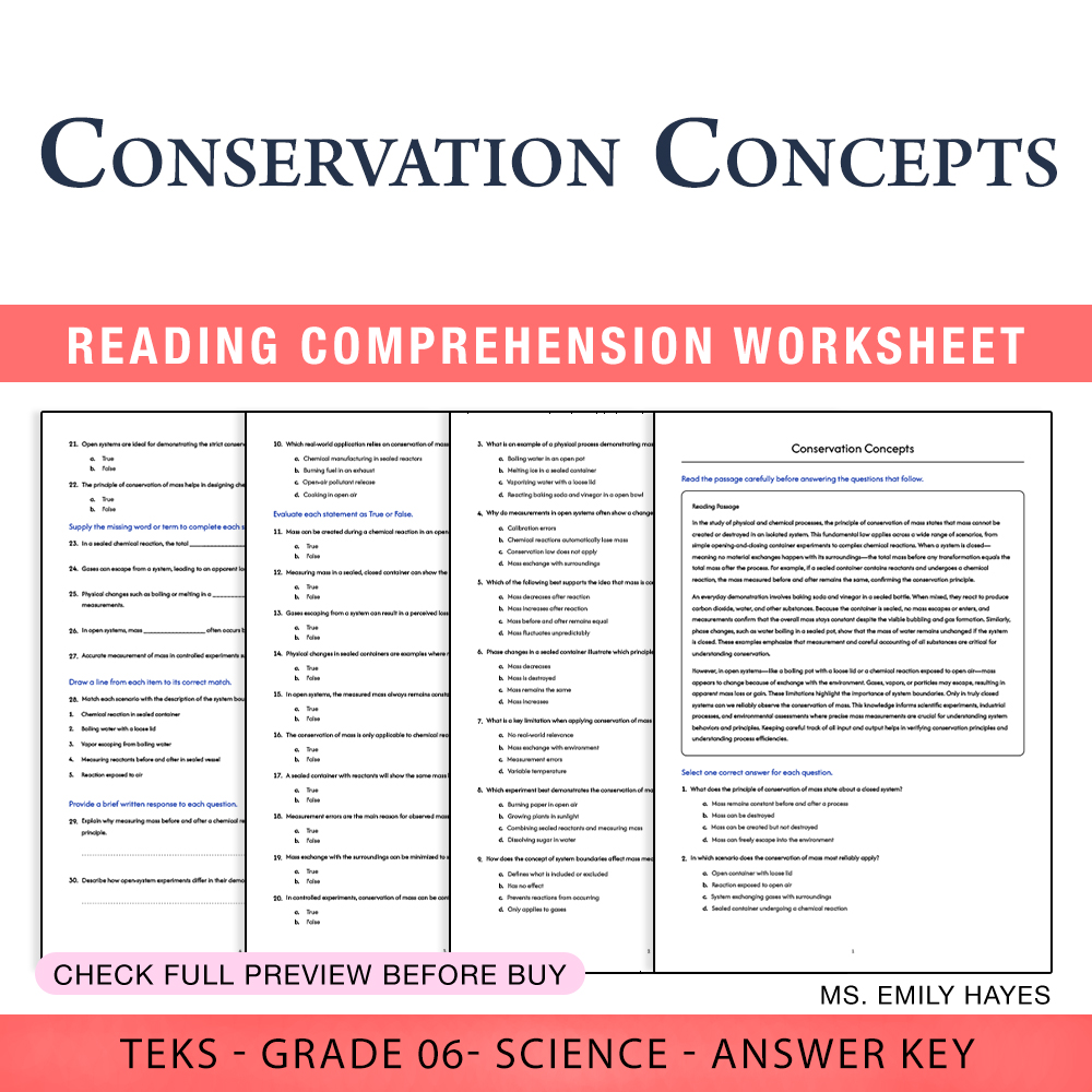 Grade 6 Science worksheet worksheet — 6th Grade Science | Conservation Concepts Worksheet (PDF+ Answer Key) — page 1