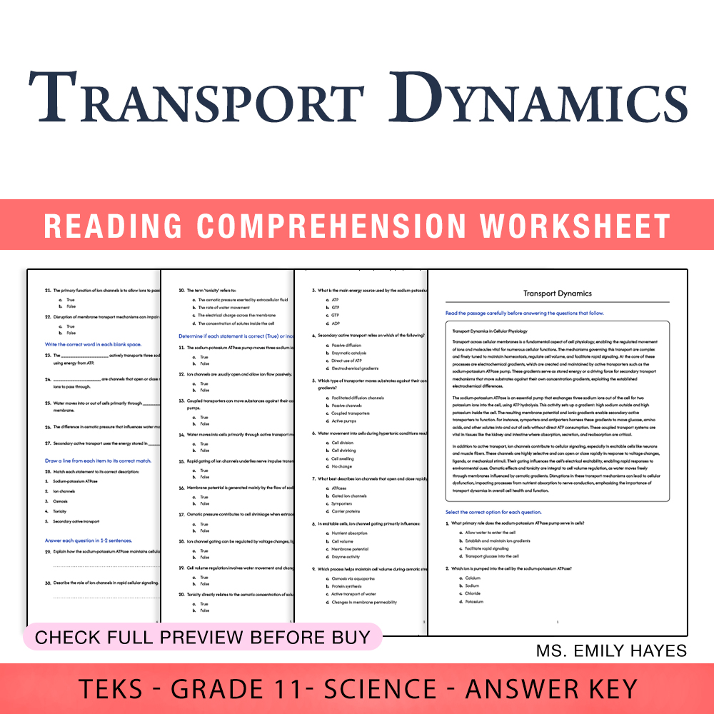 Grade 11 Science worksheet worksheet — 11th Grade Science | Transport Dynamics Worksheet (PDF+ Answer Key) — page 1