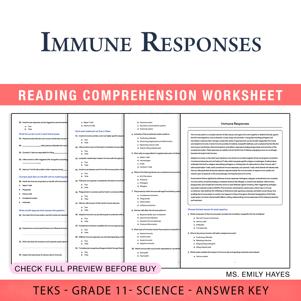 Grade 11 Science worksheet worksheet — 11th Grade Science | Immune Responses Worksheet (PDF+ Answer Key) — page 1