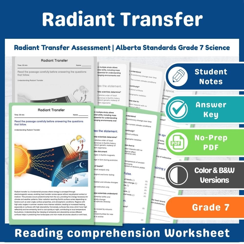 Grade 7 Science assessment worksheet — Radiant Transfer Assessment | Alberta Standards Grade 7 Science — page 1