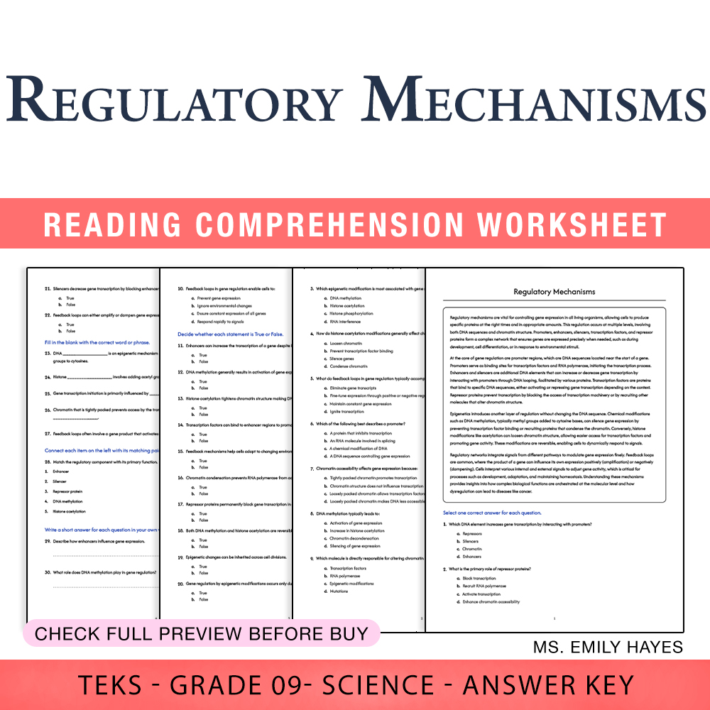Grade 9 Science worksheet worksheet — 9th Grade Science | Regulatory Mechanisms Worksheet (PDF+ Answer Key) — page 1