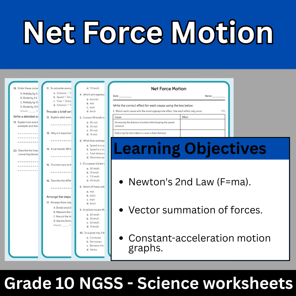 Grade 10 Science | Understanding Net Force & Motion Worksheet (Answer Key)