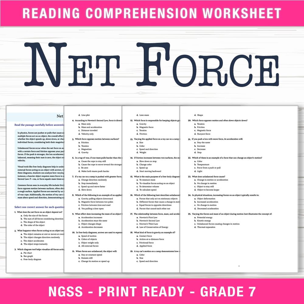 Grade 7 Science worksheet worksheet — Grade 7 Science | Net Force Worksheet (PDF + Answer Key) — page 1