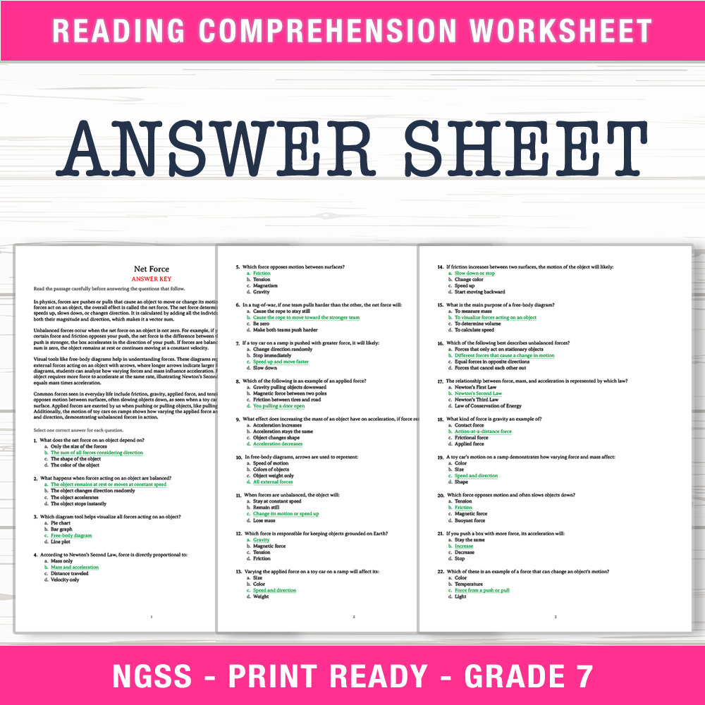 Grade 7 Science worksheet worksheet — Grade 7 Science | Net Force Worksheet (PDF + Answer Key) — page 2