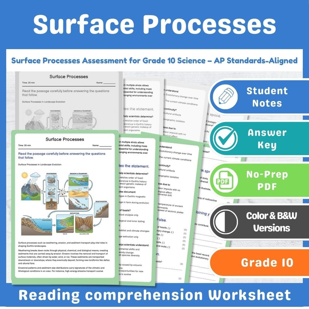 Grade 10 Science assessment worksheet — Surface Processes Assessment for Grade 10 Science – AP Standards-Aligned — page 1