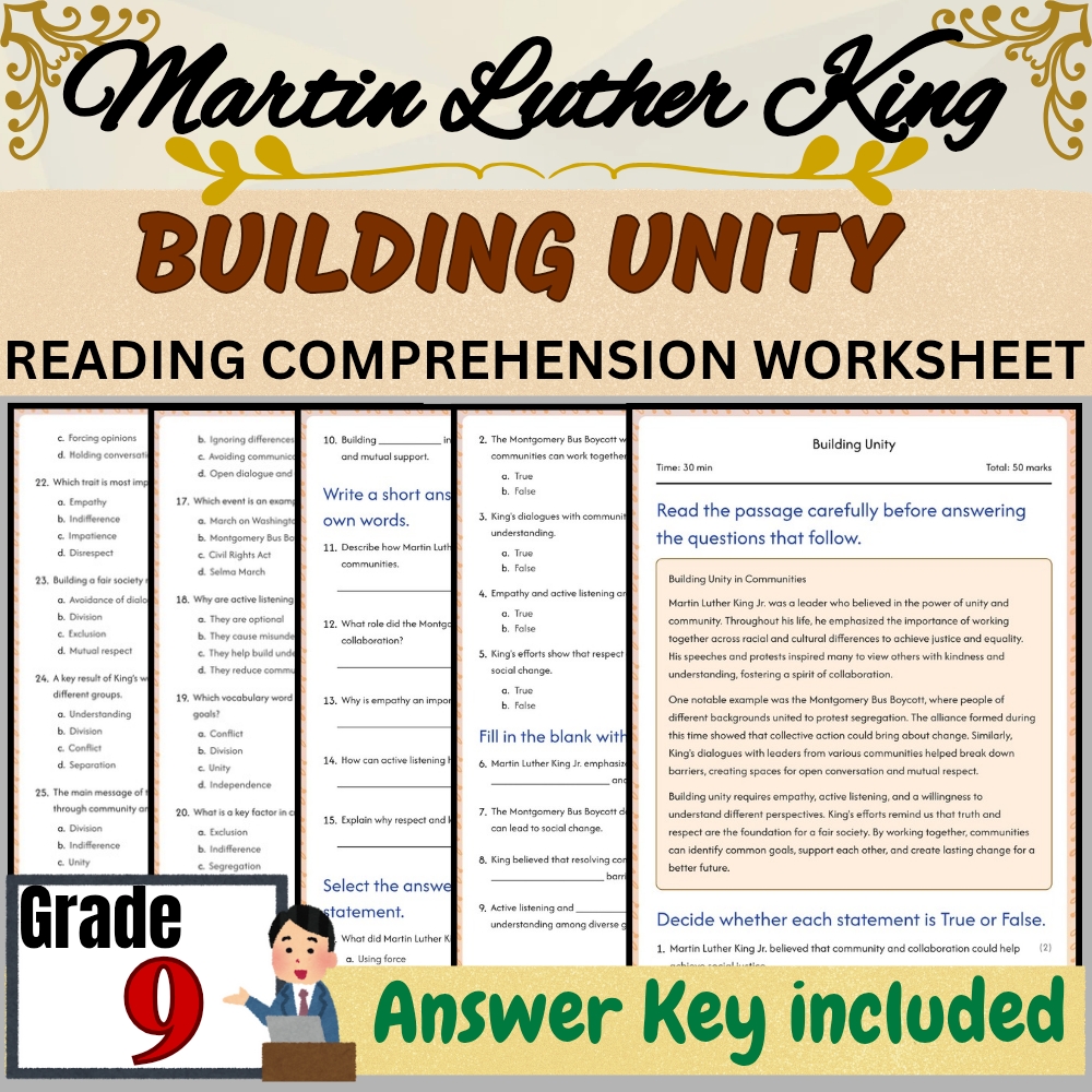 Grade 9 | Building Unity Worksheet for Martin Luther King | PDF + Answer Key