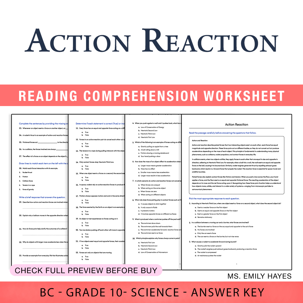 Grade 10 Science worksheet worksheet — Grade 10 Science | Action and Reaction Forces Worksheet (PDF+ Answer Key) — page 1
