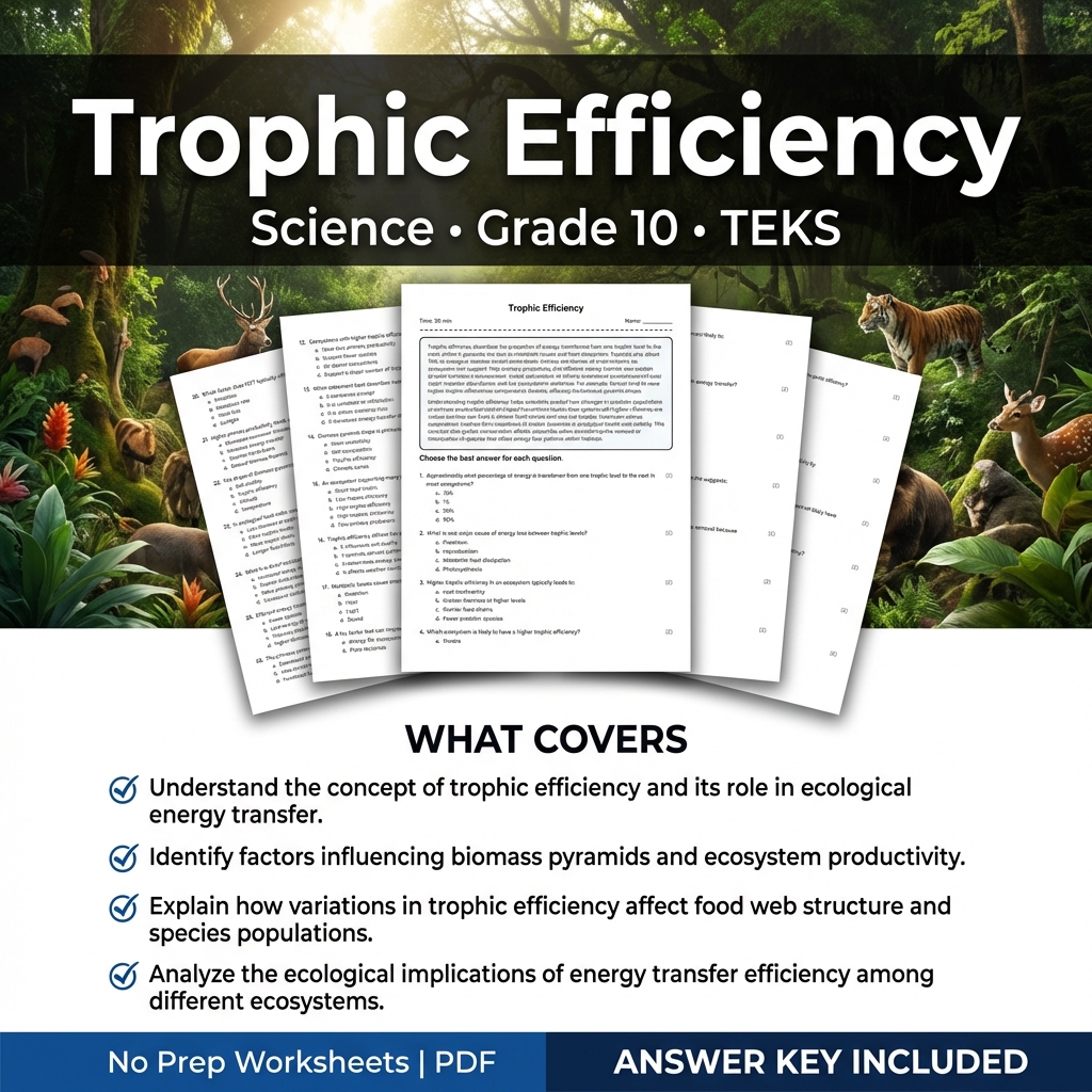 Grade 10 Science Worksheet on Trophic Efficiency | TEKS Aligned